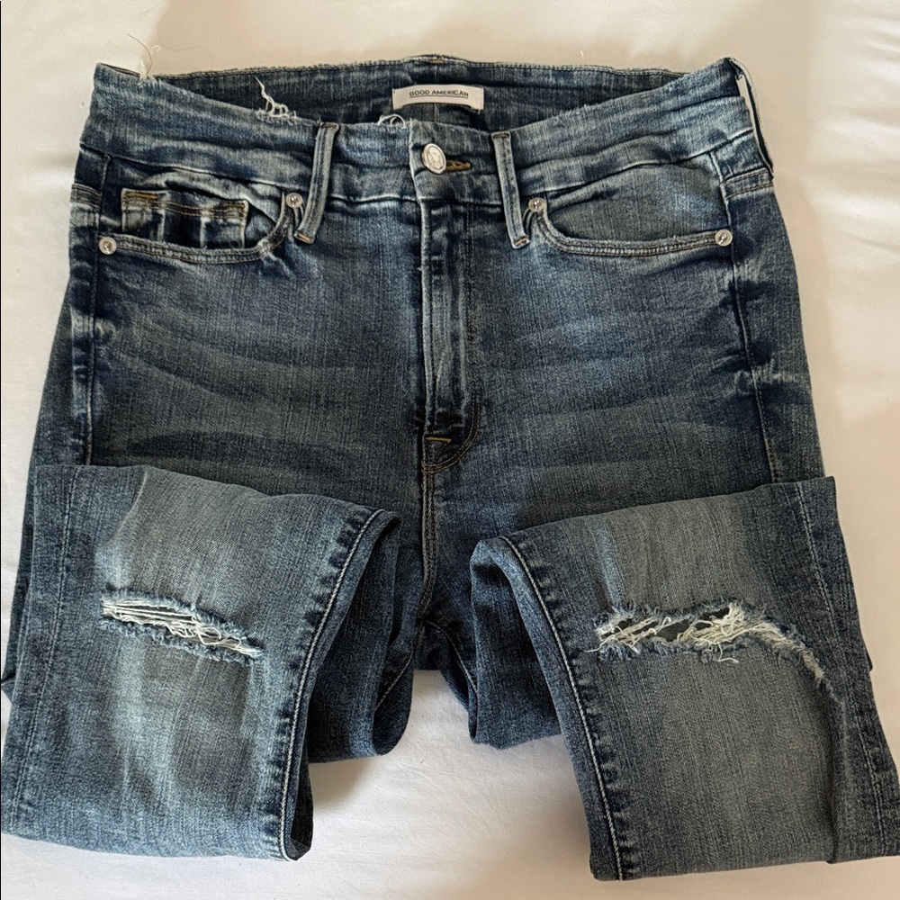 Good American Dark Blue Skinny Jeans with Knee Distressing